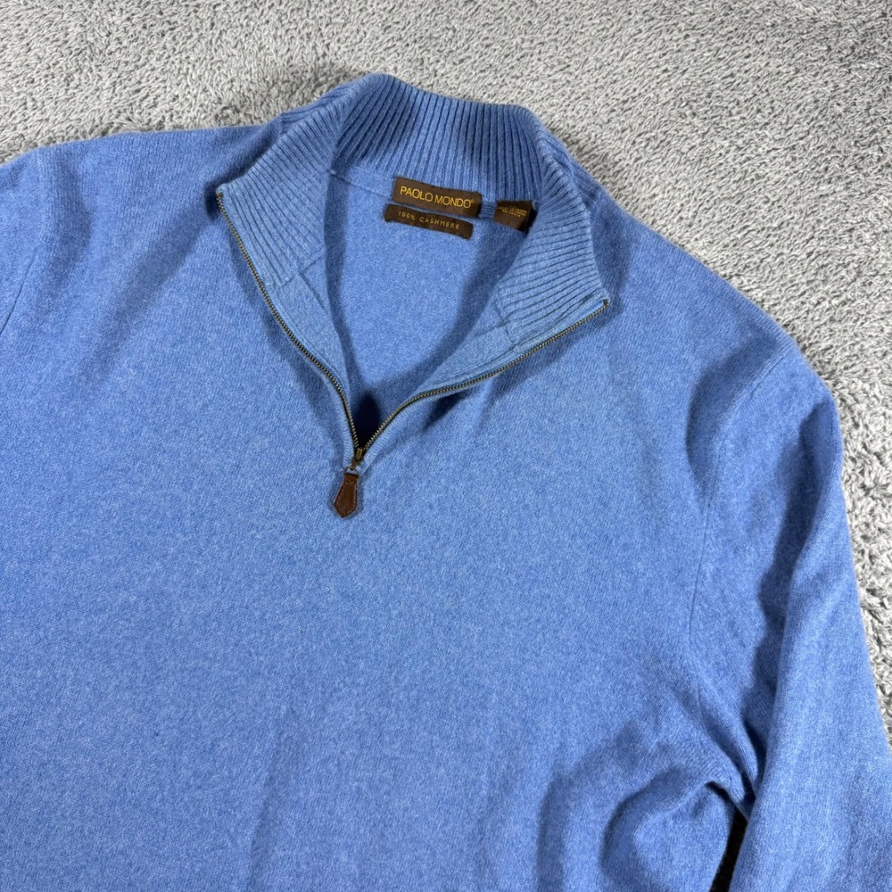 Paolo Mondo 100% Cashmere 1/4 Zip Sweater Mens XL Blue Pullover Very Soft